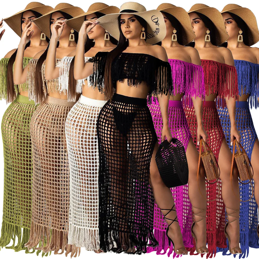 

2022 New Arrive Summer Boho Crochet Two Piece Skirt Set Women Sexy Hollow Out Tassels Dress Beach Wear 2 Piece Swimsuit Cover up, As picture or customized logo