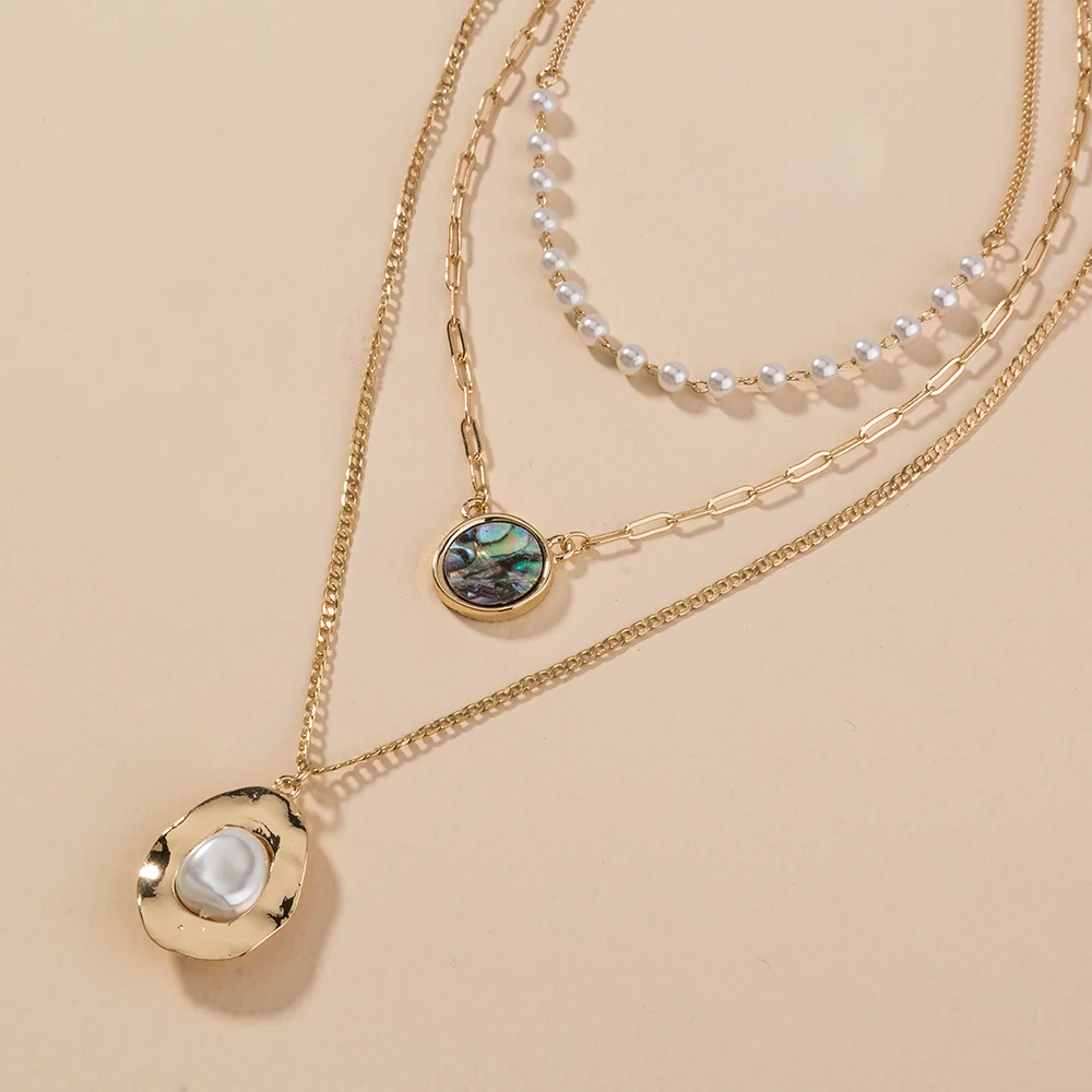 

Water Drop Baroque Pearl Round Abalone Shell Pendant Pearl Multilayered Necklace Bohemian Jewelry