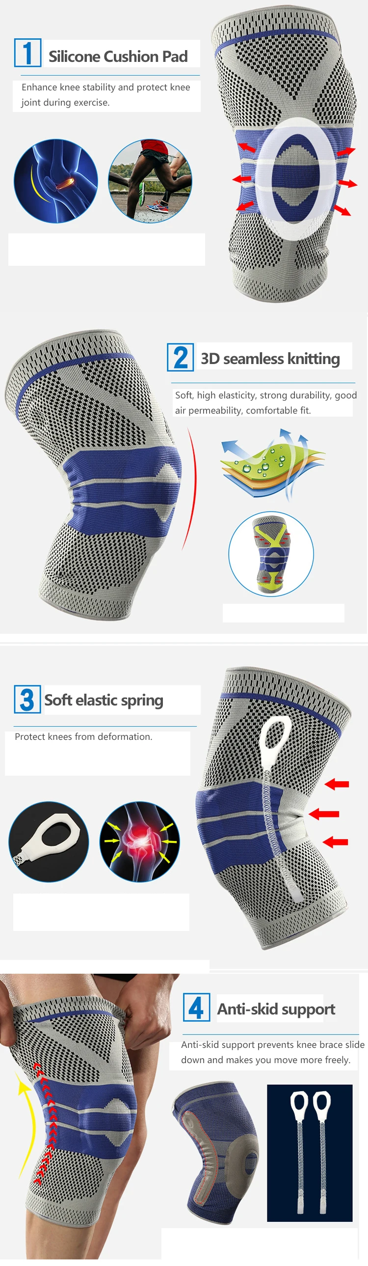Enerup Professional Sports Fitness Knitting Neoprene Silicone Sports Knee Pads Hinged Brace Belt
