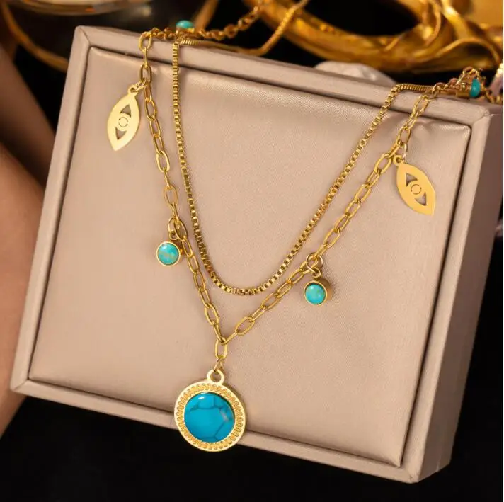 

Fashion Stainless Steel Green turquoise Crystal pendant Necklace For Women Bohemian Chain Four leaf Choker Wedding Party Jewelry