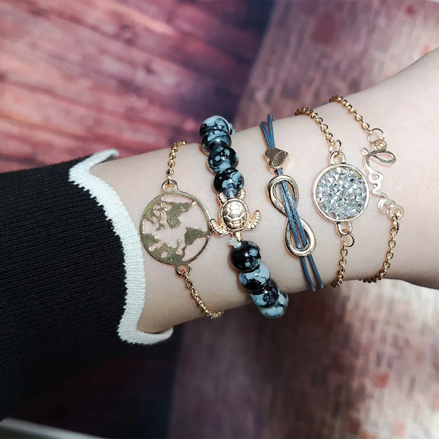 

Beads Chain Bracelets Handmade Woven Bohemia 8 Shaped World Map Love Turtle Bracelets Set