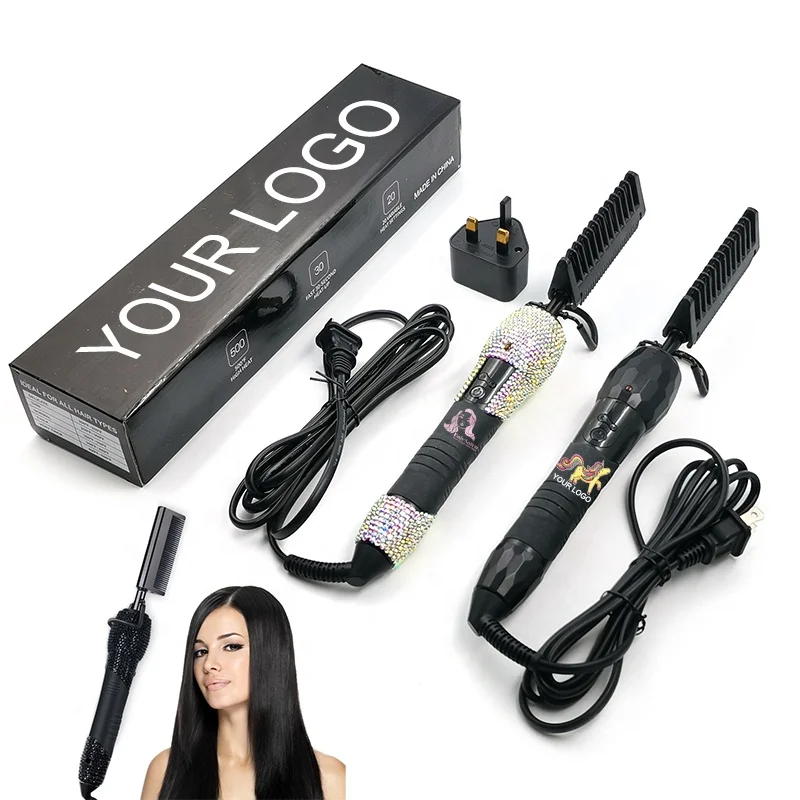 

Hot Selling Professional High Temperature 500F Hair Straightening Bling Rhinestone electric hot hair comb for curly hair