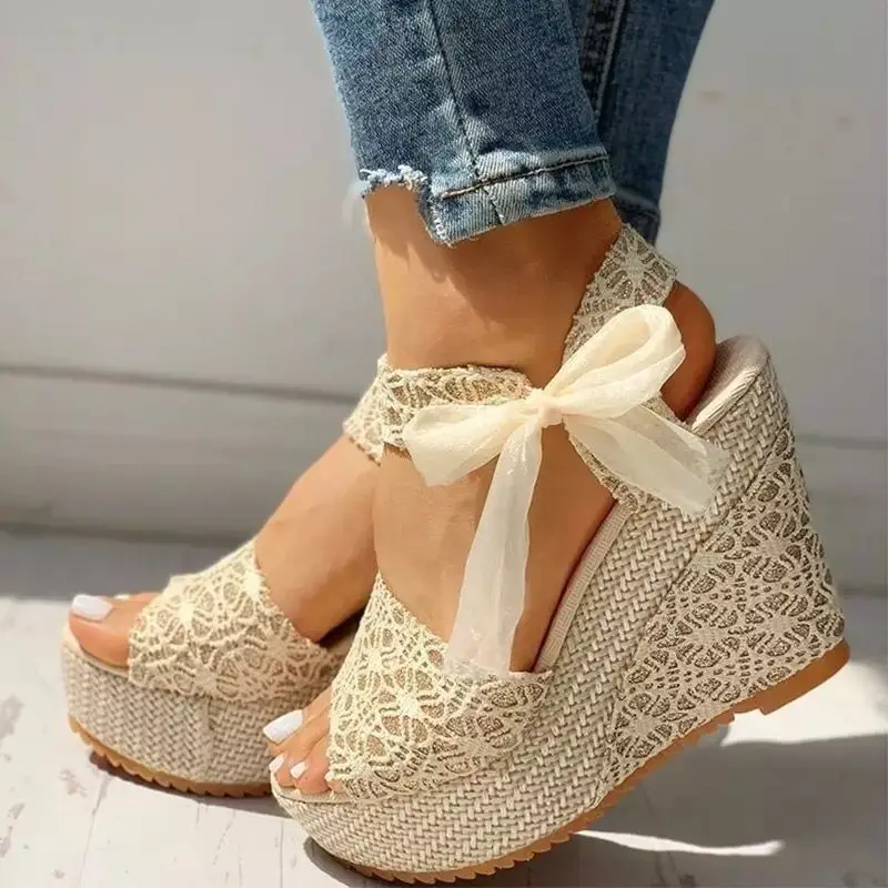 

Factory Price Casual Summer Lace Peep-toe Leisure Block Heels Platform Heeled Sandals Party Wedges Shoes Ladies Women, 6 colors