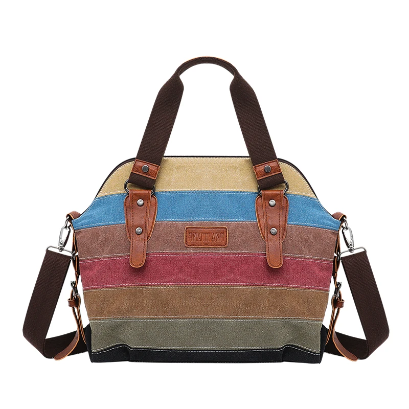 

2023 New Wholesale Striped Fashion Splice Women'S Wash Canvas Bags Ladies Shoulder Tote Bag