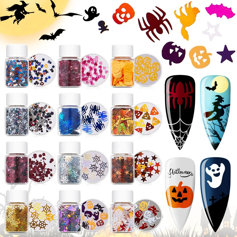 

Paso Sico Halloween Ghost Skull Designs Nail Sequins Pumpkin Pattern DIY Ornament Mixed Nail Set Glitter Decoration