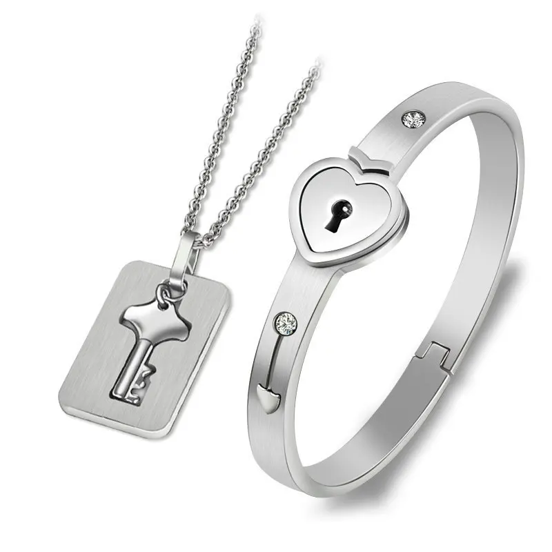 

Partner Gift Bangle Bracelet Pendant Necklaces with Chain Set Heart Locks for Lovers Couples Girlfriend