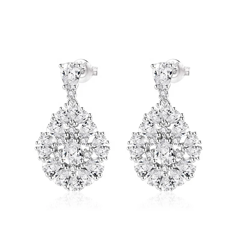 

Custom fine jewelry cubic zirconia flower drop earrings 925 sterling silver water drop earrings