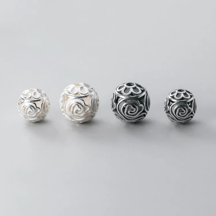 10mm 12mm Retro 925 Sterling Antique Silver Matte Hollow Flower Pattern Beads For Bracelet Making Accessories