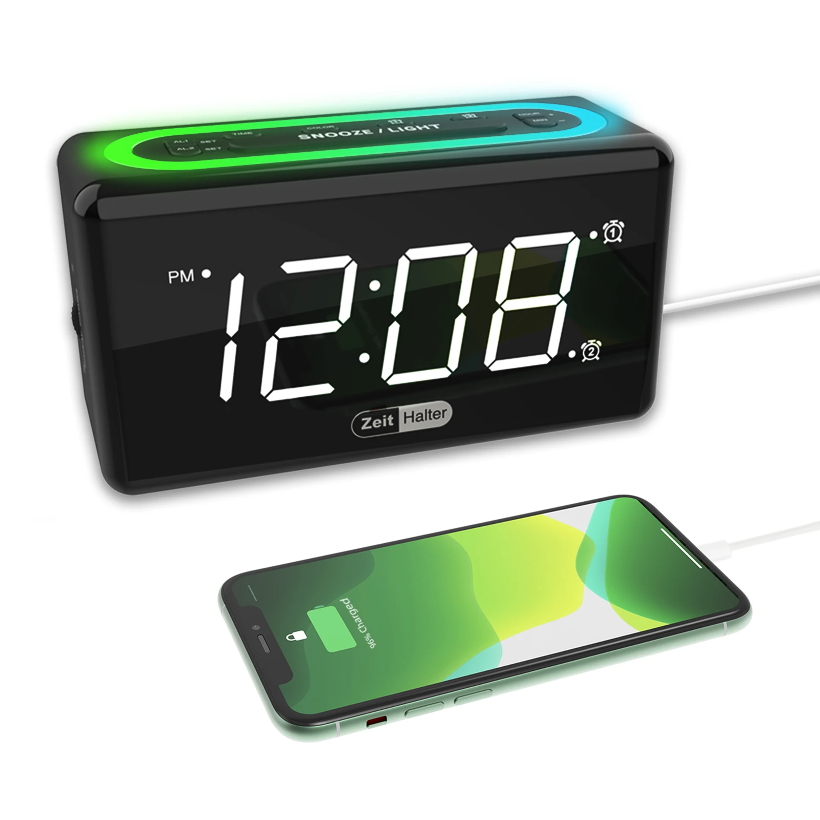 

LED number 7 color changing light USB charger dual bell alarm clock alarm clock modern design, Black, white or customized