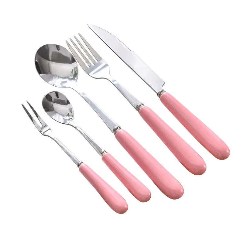 

Creative candy color glaze tableware ceramic handle stainless steel tableware steak knife fork spoon set, As picture or customized