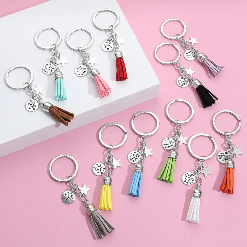 

Star Moon Zodiac Twin Pendant Key Chain Multicolor PU Leather Tassel Women Bag Alloy Key Chain