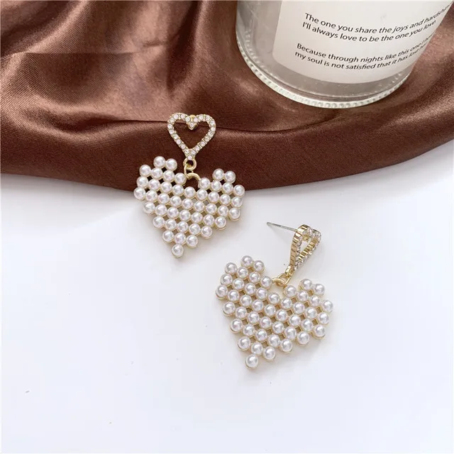 

Fashion Jewelry S925 Sterling Silver Post Hollow Crystal Heart Shape Drop Earrings Double Heart Full Pearl Drop Earrings, As picture show