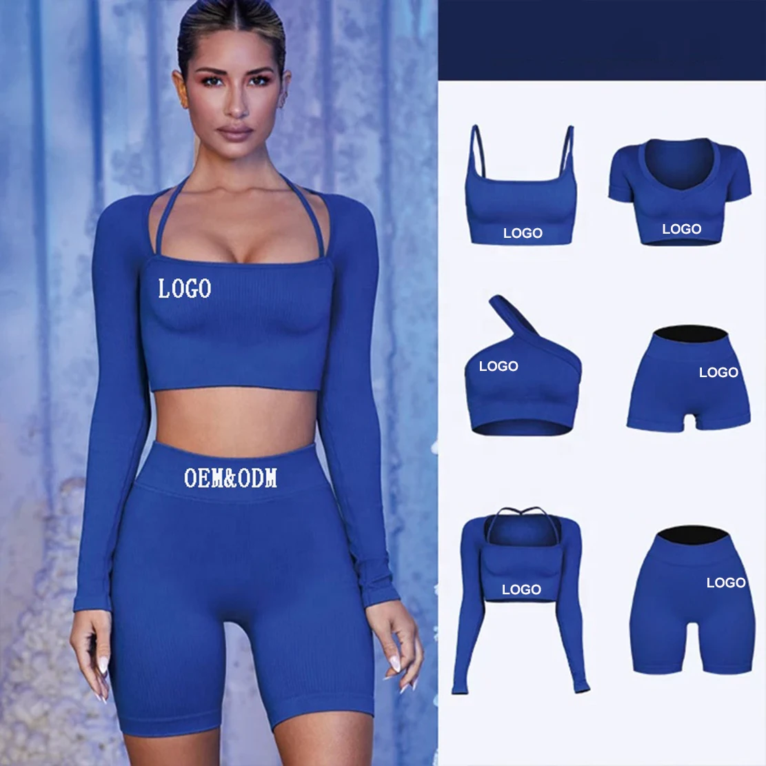 

2022 Ribbed Style Workout Clothing Wholesale Custom Logo Fitness Wear Sport Suit 7 Pcs Women Gym Seamless Yoga Set, As shown