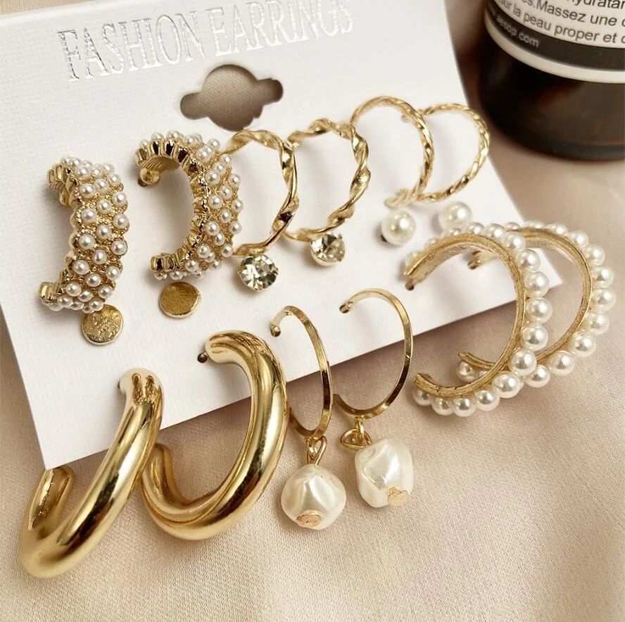 

Free Shipping Hot Sale Items Jewelry 9 Pcs / Set Plated 18K Gold Freshwater Pearl Earring Set