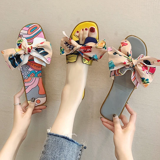 

New Popular Women Slide sandal with Bow Decoration Ladies Slipper Printed Flat Slides for girl, Yellow,rose red,grey,multicolor
