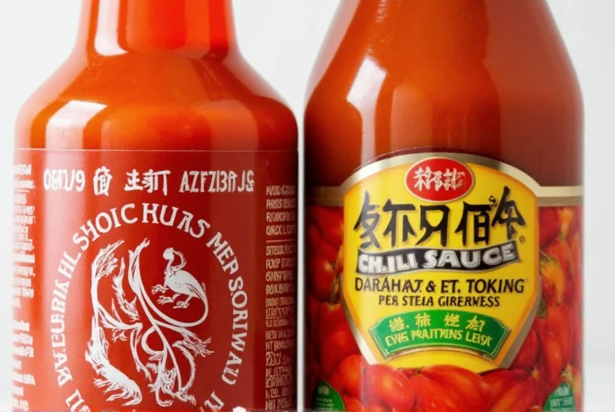 Close-up of sriracha bottle next to chili sauce bottle showing comparison of two condiments for cooking substitution