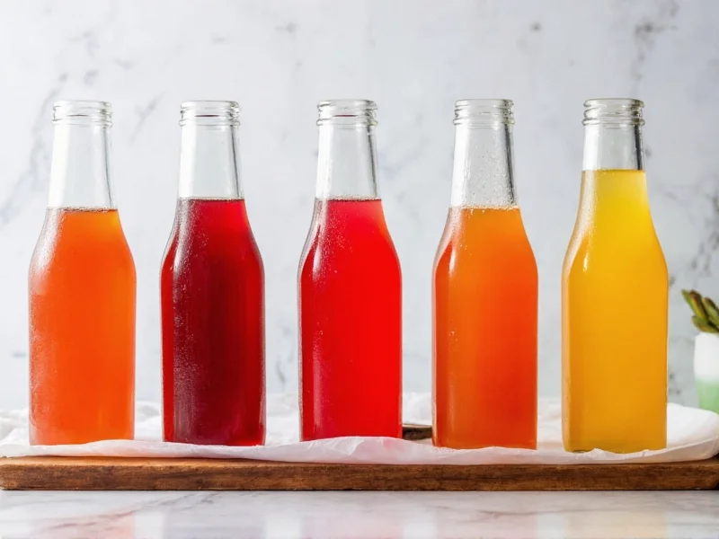 Five vibrant homemade energy drink recipes in glass bottles