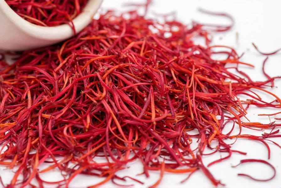 Close-up of saffron threads showing their deep red color and delicate structure on a white background