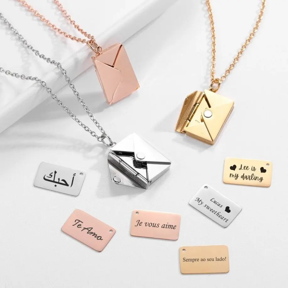 

Stock Available Custom Love Letter Necklace Envelope Pendant Stainless Steel Waterproof Name Rectangle Square Necklace For Women