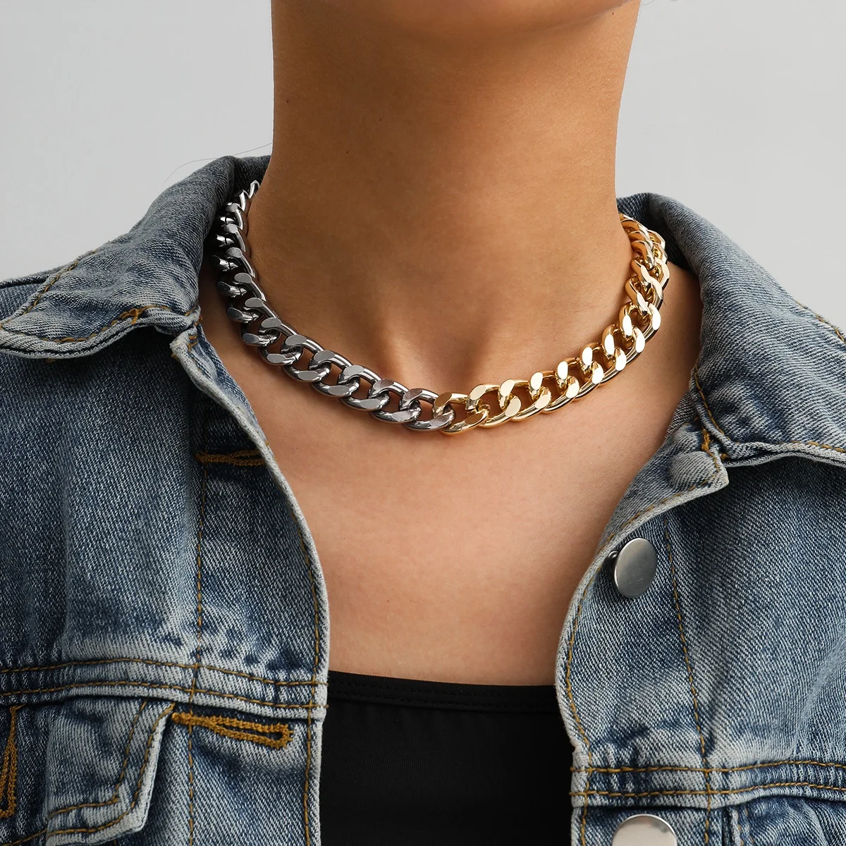 

Exaggerated Metal Chain Choker Necklace Street Punk Gold Color Silver Color Mixed Necklace Jewelry for Women and Men, Picture shows