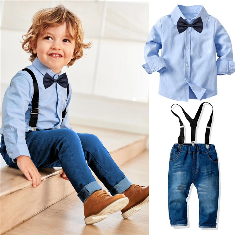

BSL102 Boys Two Pieces Sets Baby Long Sleeve Blouse And Bib Pants Children Cute Preppy Boutique Kids 2 Piece Clothing, As the picture show