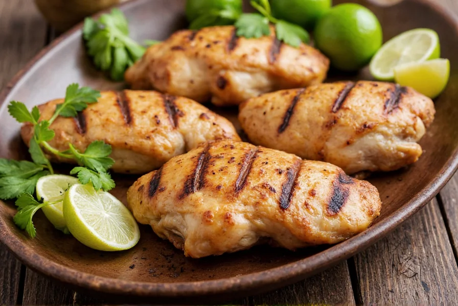 Grilled chicken breasts with char marks, served with fresh lime wedges and cilantro garnish on rustic platter