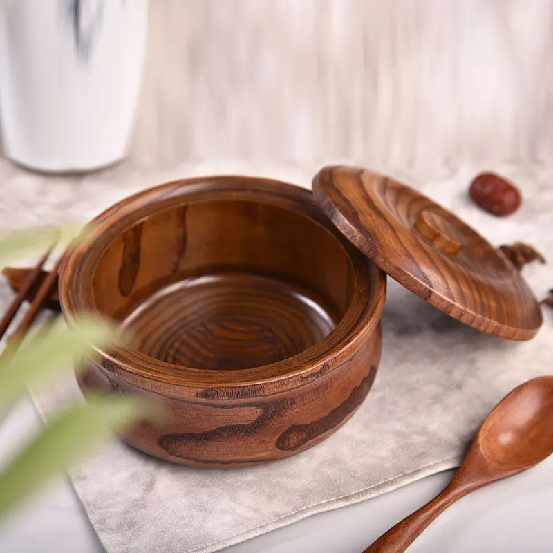 

Solid Wood Soup Noodles Salad Bowls with Cover Lid Wooden Japan Style Anti Scalding Rice Dinnerware for Home Hotel Restaurant, Natural