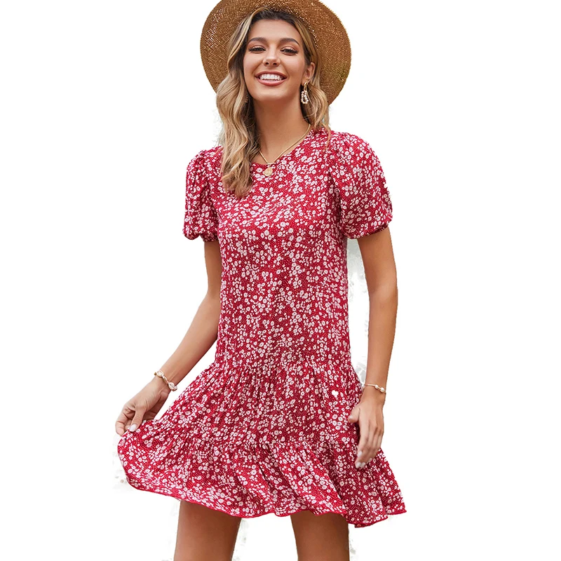 

Factory Price Boho Red Short Flower Dress Elegant Mini Dress O-neck Ruffle Bottom Dress, Multi