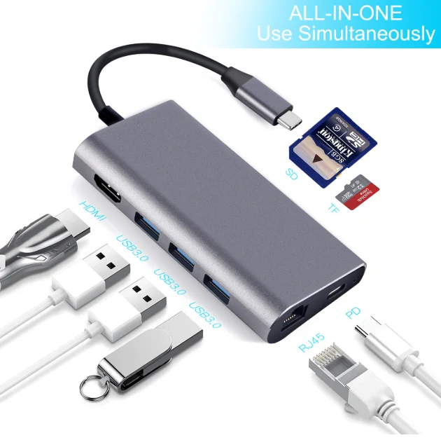 

8 in 1 USB-C HUB Type-c to Multi USB 3.0 HD Converter 4k RJ45 Power Adapter Type C HUB Splitter For Macbook Pro Air, Gray