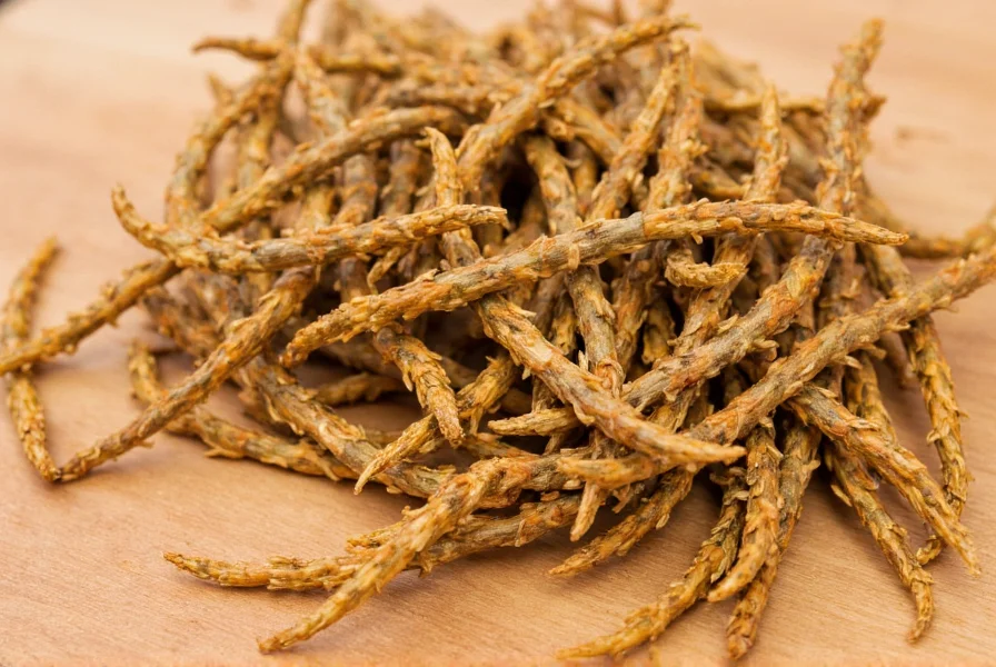Close-up photograph of dried long pepper spikes showing their distinctive catkin structure against a wooden cutting board