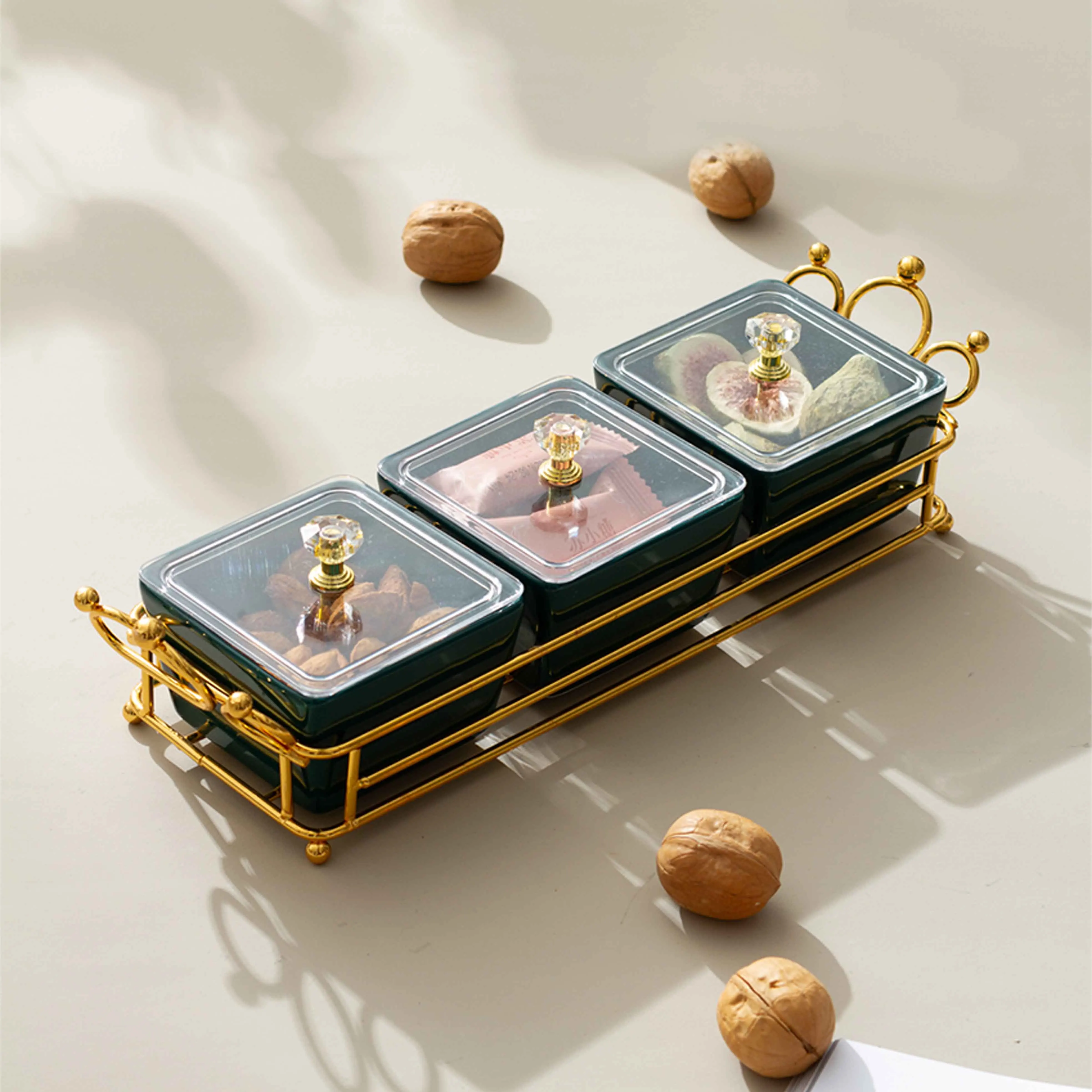 

Food Storage 3Pcs Ceramic Bowls Serving Snack Tray Dish Plate Dessert Set With New Metal Handles Design
