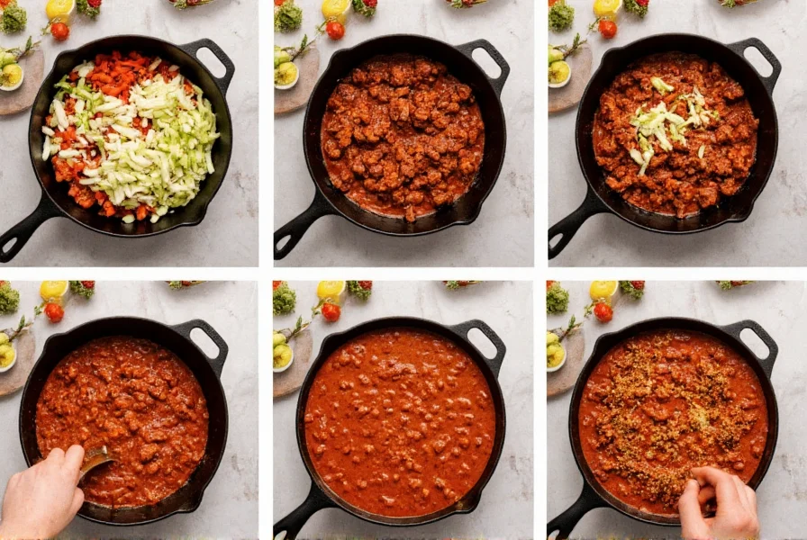 Step-by-step preparation of 2 alarm chili in a cast iron pot with fresh ingredients arranged around it