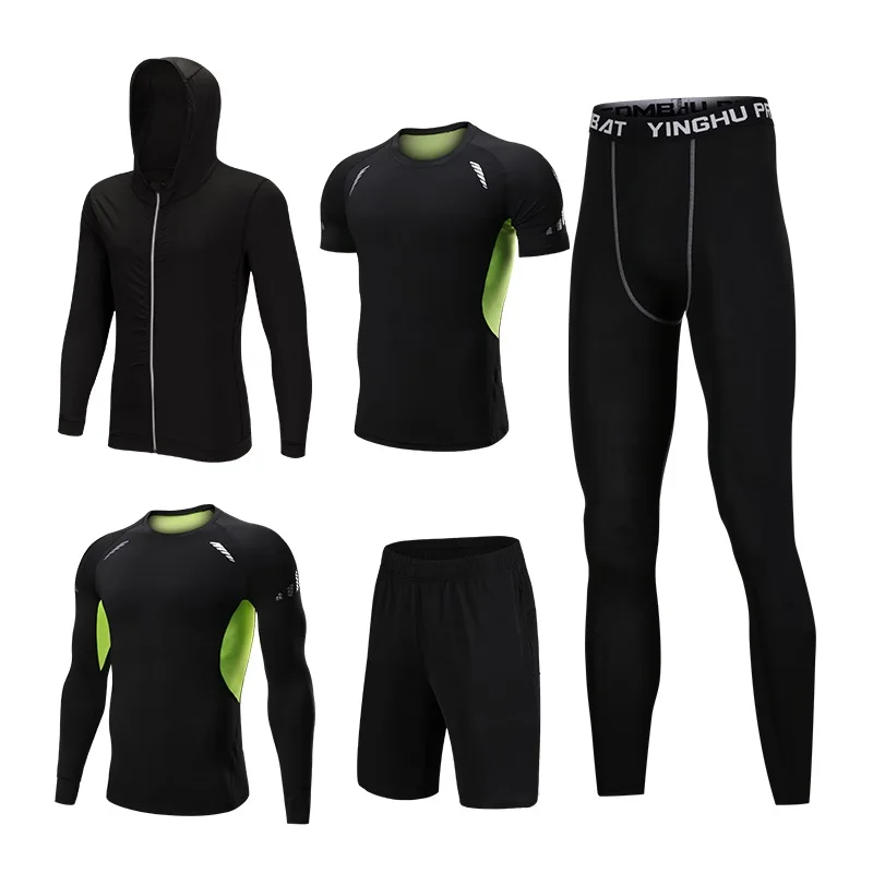 

Wholesale custom OEM sportswear Men Workout 5PCS Tracksuit Compression Jersey Running Suit Training Wear Fitness GYM Clothing, Customized color gym clothing