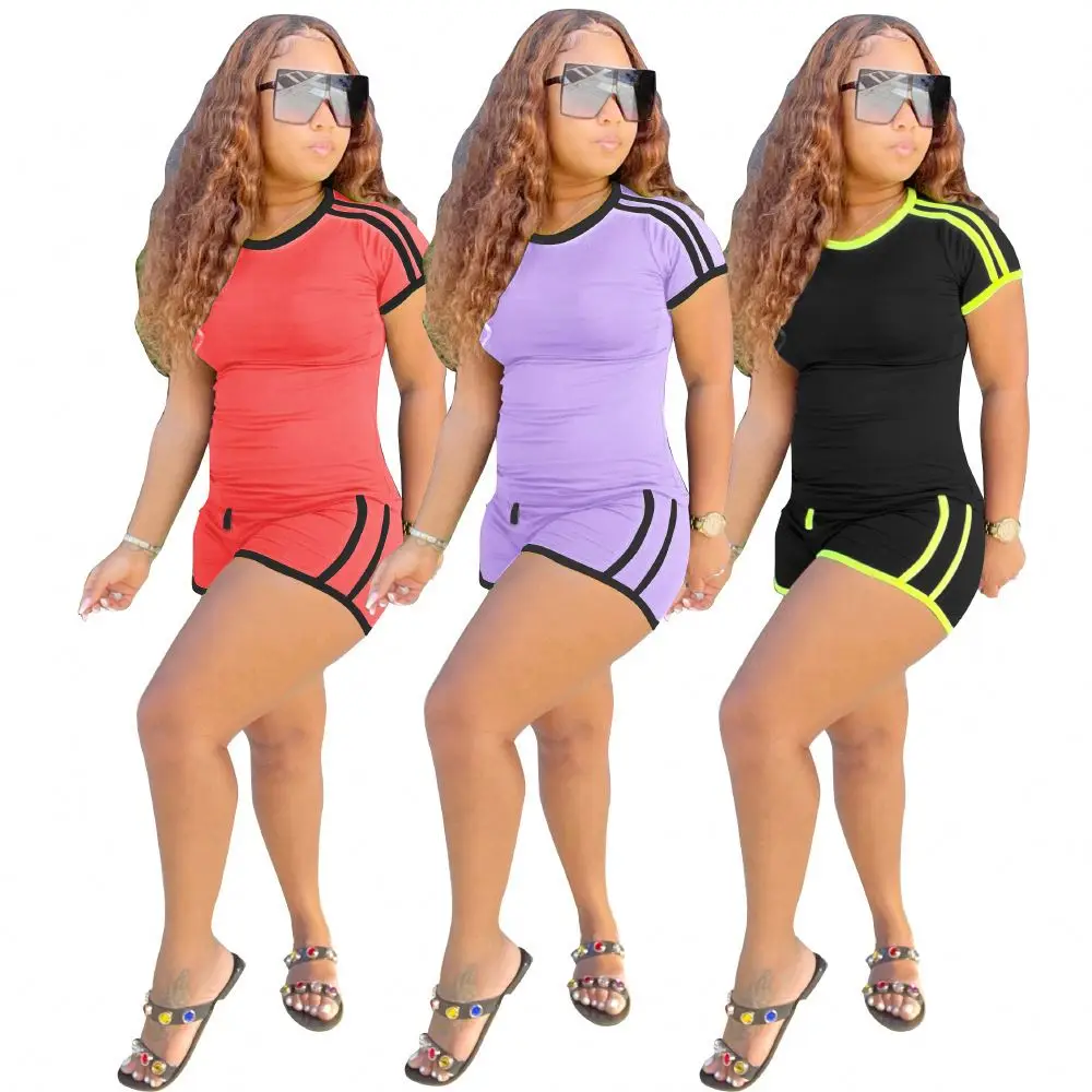 

Fashion 2021 Side Stripe Casual Sports T-Shirt Womens 2 Piece Outfit Shorts Sets For Women Two Piece