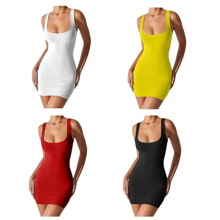 

2021 custom summer clothes women solid color tight fitted pencil bandage bodycon square neck jersey dress wholesale, Multi color
