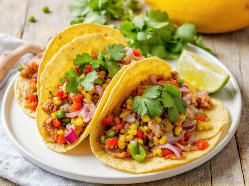 Colorful homemade tacos with lime wedges and cilantro