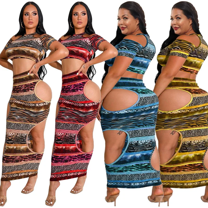 

22205 New style summer 2 piece sets maxi women clothing dress sexy leopard plus size dress bodycon plus size women's sets