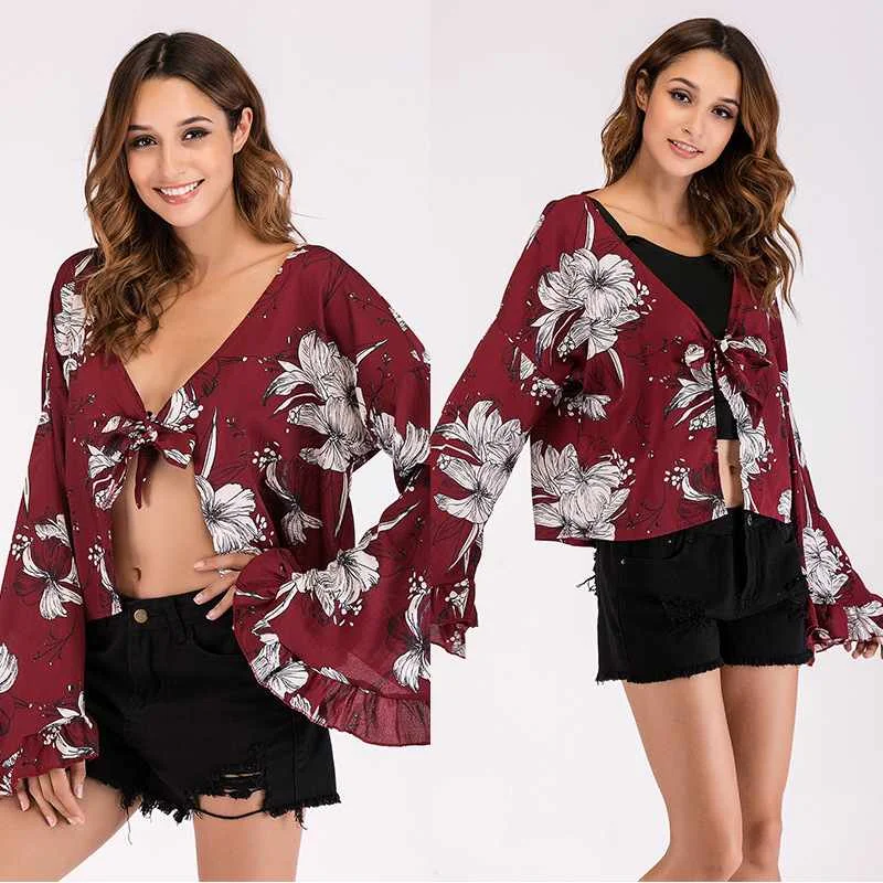 

Spring New Fashion Women's Shirt Flared Sleeve Print Sexy Shirt, Picture color