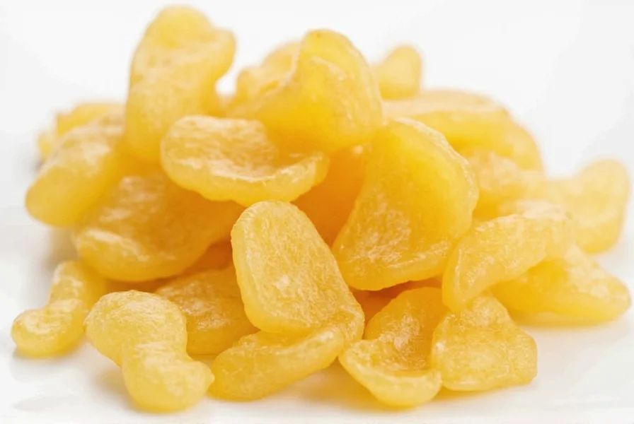 Close-up of homemade candied ginger pieces showing translucent texture and sugar coating on wooden cutting board