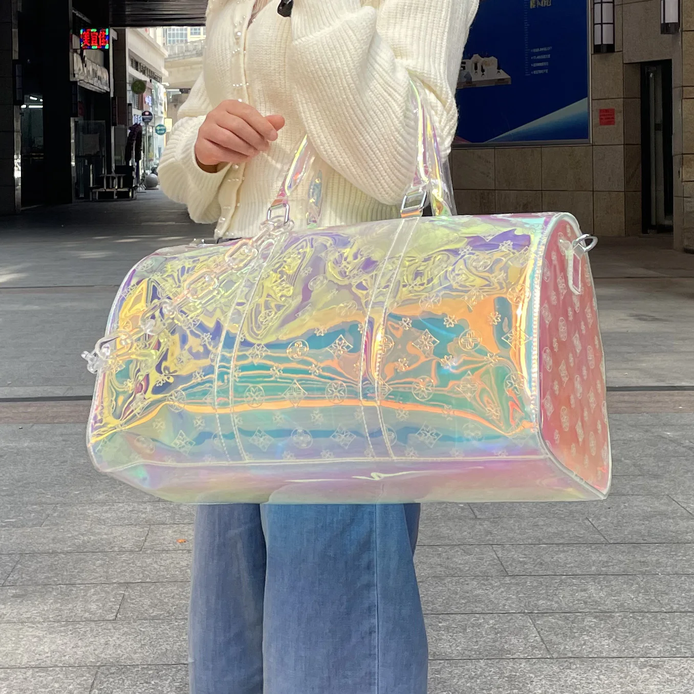

Yzora Customized Large Capacity Fashion Women Duffel Laggage bag Durable Laser Waterproof Clear Holographic TPU Travel Bag, Laser/custom