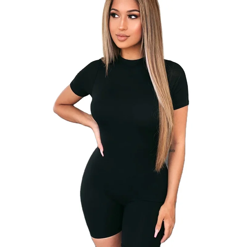 

Wholesale Solid color short sleeve front zip jumpsuits for women, As pictures