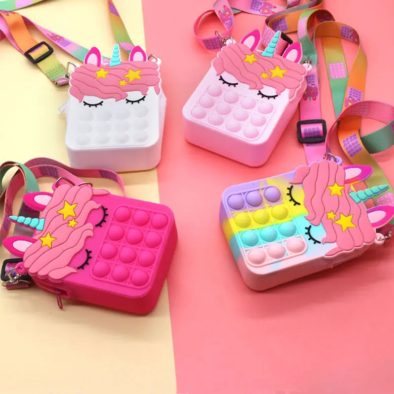 

Custom Silicone Crossbody Messenger Kids Girls Shoulder Mini Popper Fidget Toy Unicorn Bubble Push Rainbow Sling Bags