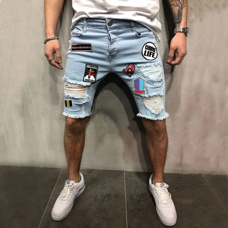 

New Fashion High Street Mens Short Skinny Denim Ripped Jeans