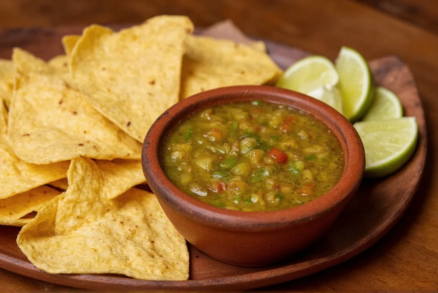 Homemade poblano pepper salsa served in clay bowl with tortilla chips and lime wedges
