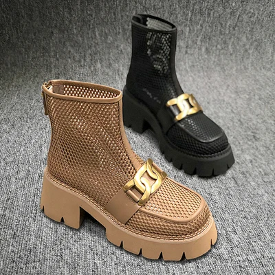 

2021 Fashion New Europe Women Boots Spring Summer Leather Mesh Breathable Zipper Plarform Ankle Boots
