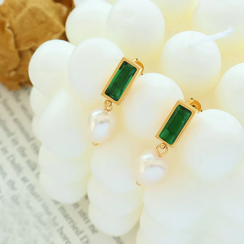 

Emerald pearl earrings 18K gold plated stainless steel zircon diamond earrings jewelry women