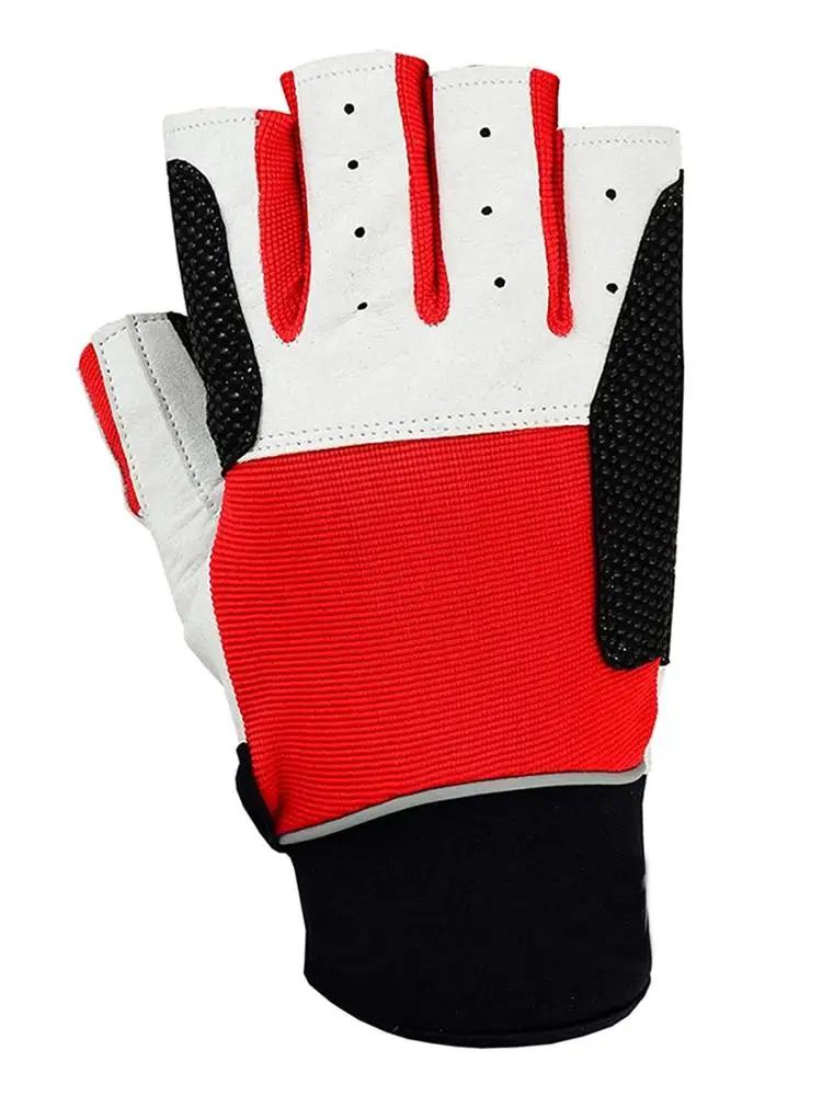 
Half Finger Gloves Padded Silicon Printed Palm Spandex Back for Weightlifting Fishing in Red Black for Men Women 