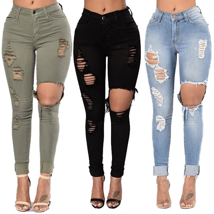 

90910-MX12 new look high elastic plus size ripped jeans women