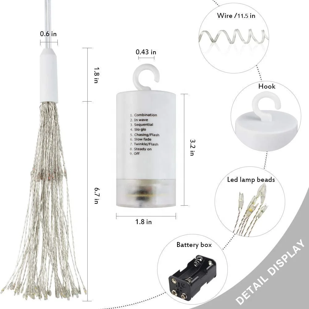 
2pack Firework Lights 120 led Copper Wire Starburst String Lights 8 Modes Battery Operated Remote Christmas Hanging Lights 