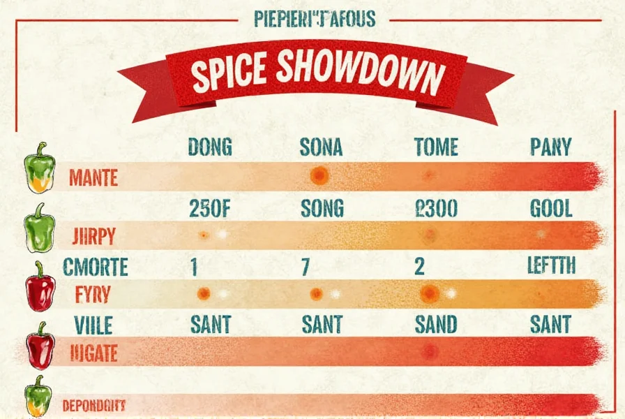 Visual comparison of common chili peppers arranged by heat level